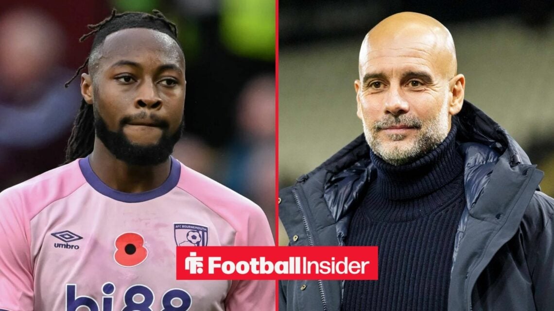 Antoine Semenyo in a Bournemouth shirt alongside Pep Guardiola smiling