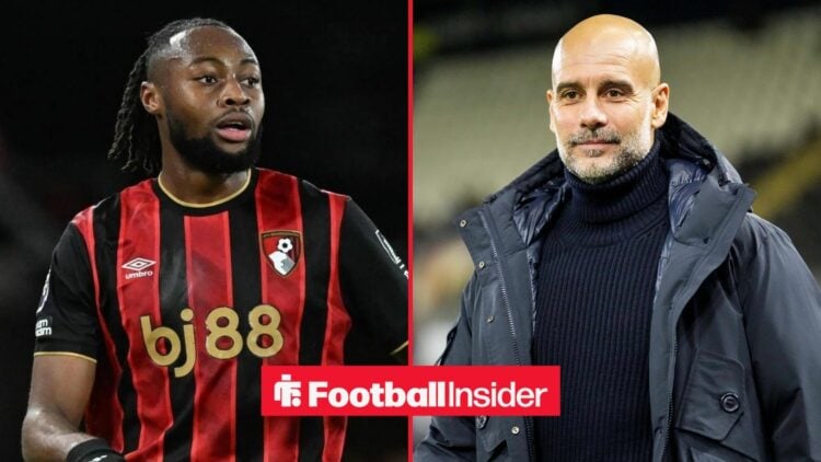 Antoine Semenyo in a Bournemouth shirt with Pep Guardiola looking happy