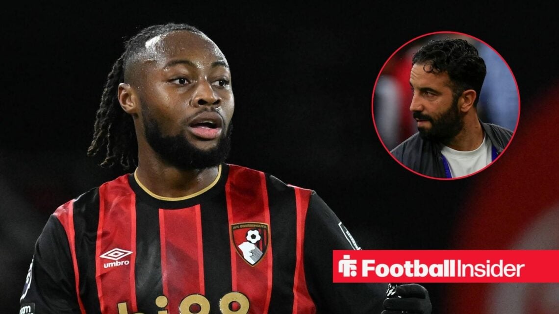 Antoine Semenyo in action for Bournemouth, with Ruben Amorim in a circular inset