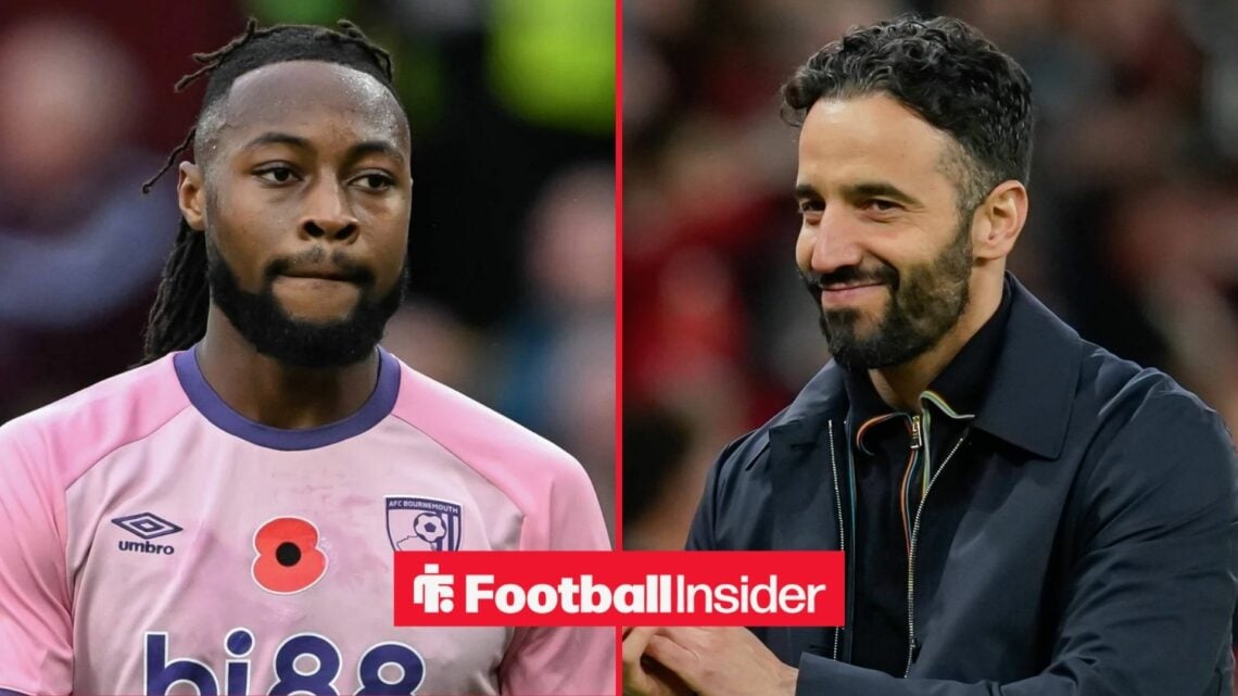 Antoine Semenyo in a Bournemouth shirt alongside Ruben Amorim smiling