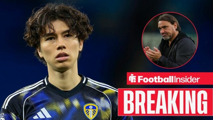 Ao Tanaka in a Leeds United shirt, Daniel Farke in a circular inset