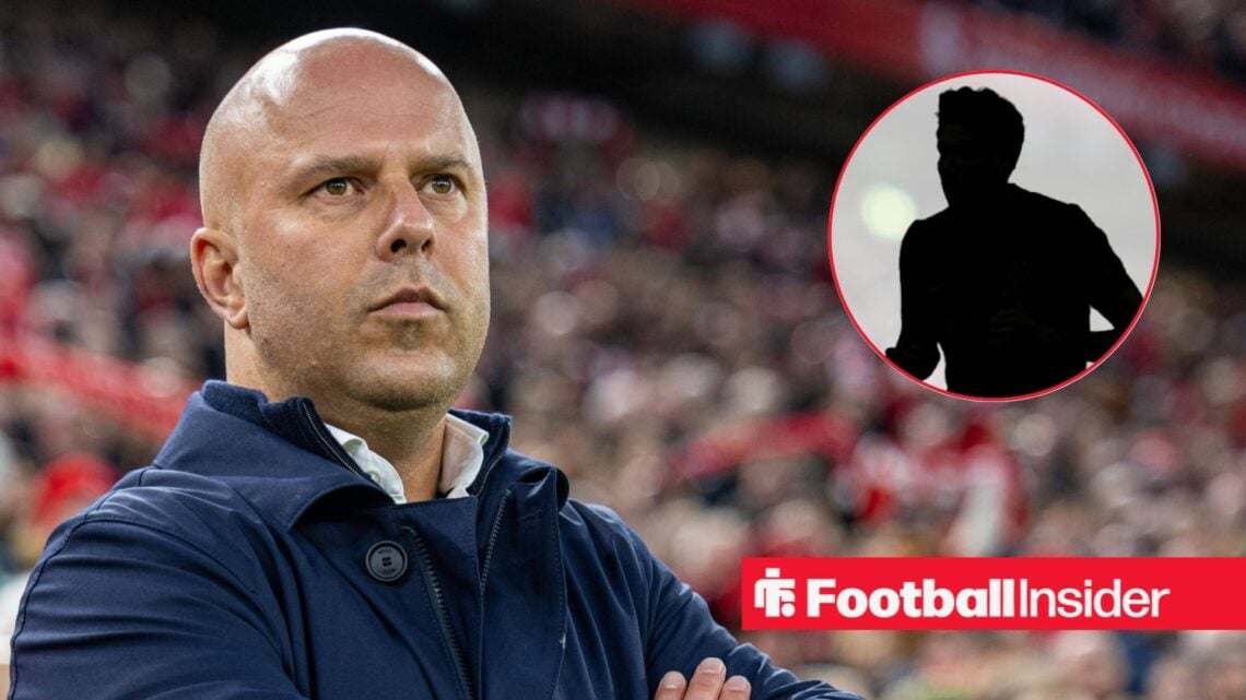 Arne Slot at Anfield, Alessandro Bastoni's silhouette in a circular inset