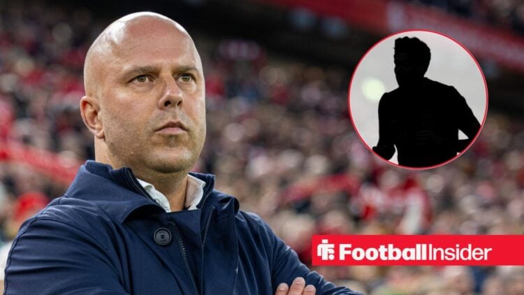 Arne Slot at Anfield, Alessandro Bastoni's silhouette in a circular inset