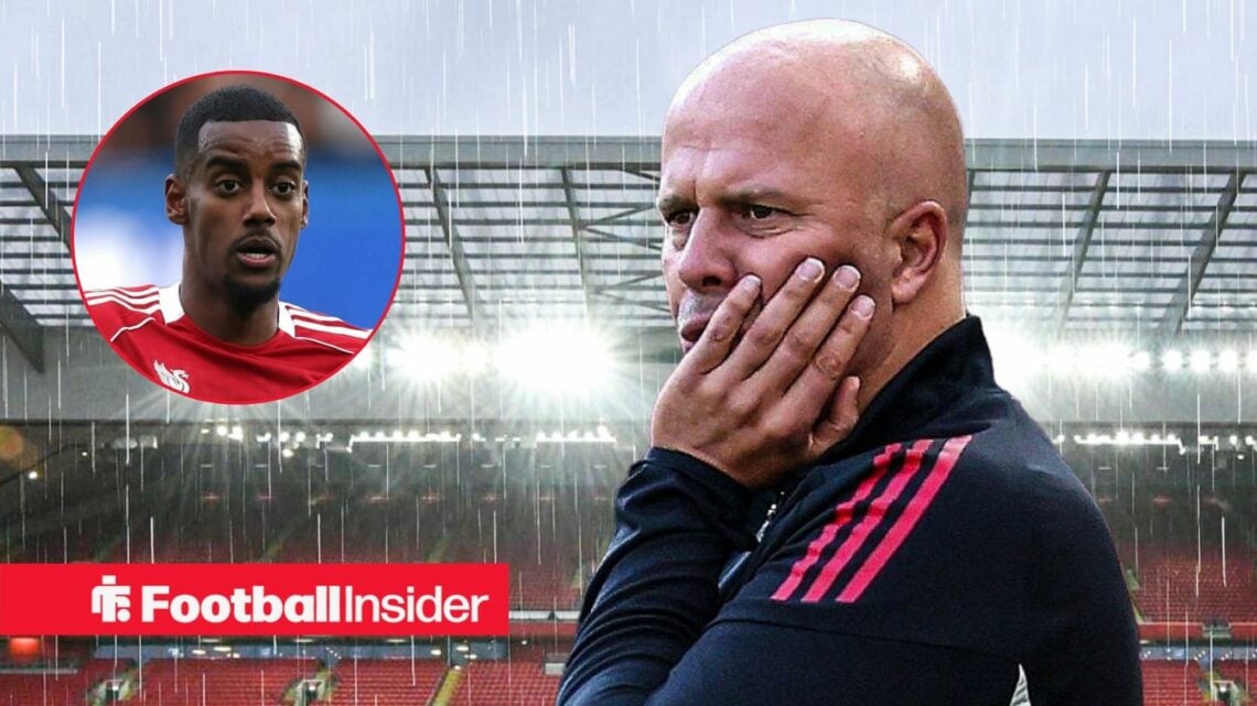 Arne Slot in the rain at Anfield, with Alexander Isak in a circular inset