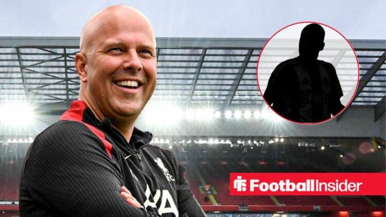 Arne Slot at Anfield, Alexander Isak's silhouette in a circular inset