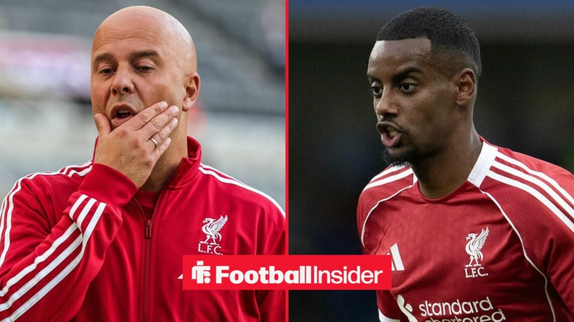 Arne Slot looking upset with Alexander Isak in a Liverpool shirt