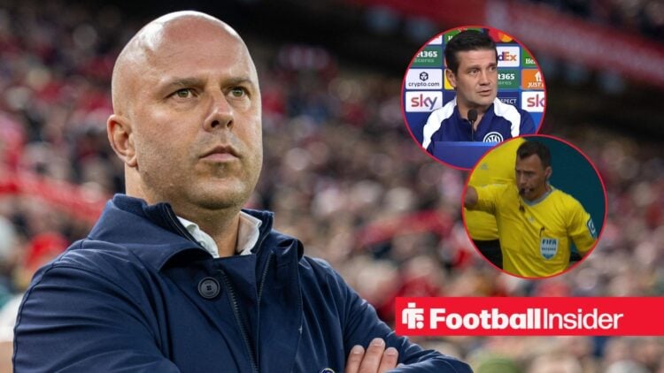 Arne Slot at Anfield, Cristian Chivu and Felix Zwyer in circular insets