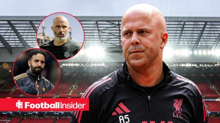 Liverpool manager Arne Slot stands at Anfield, as Chelsea boss Enzo Maresca and Manchester United's Ruben Amorim watch from circular insets.