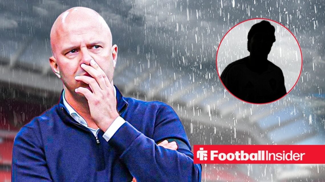 Arne Slot in the pouring rain at Anfield, Federico Chiesa's silhouette in a circular inset