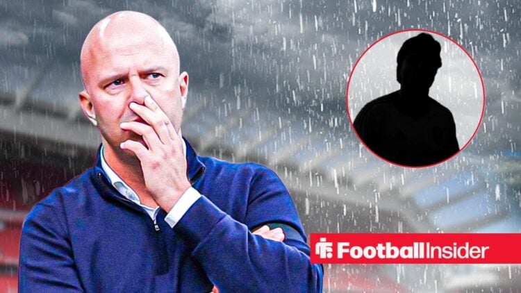 Arne Slot in the pouring rain at Anfield, Federico Chiesa's silhouette in a circular inset