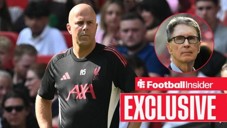 Football Insider exclusive as Liverpool manager Arne Slot stands with his hands on his hips as owner John Henry watches on from a circular inset.