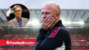 Arne Slot looking upset with John Henry included in a circular inset