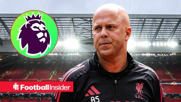 Liverpool manager Arne Slot glances towards the Premier League logo, which features in a circular inset.