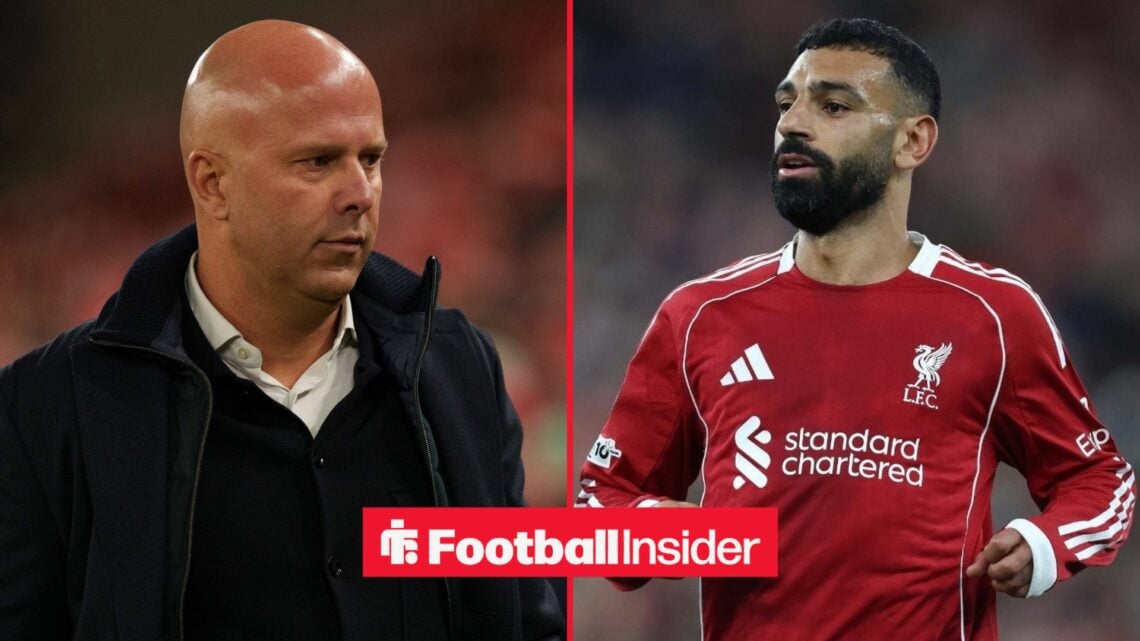 Arne Slot looking focused on the left with Mohamed Salah running on the right