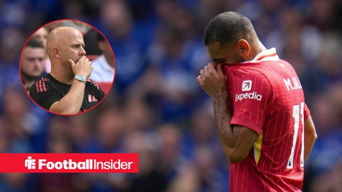 Arne Slot covering his mouth on the left for Liverpool with Mohamed Salah with his shirt over his head on the right