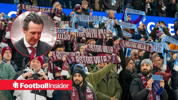 Aston Villa fans hold scarves aloft in the stands as manager Unai Emery stares at the ground in a circular inset.
