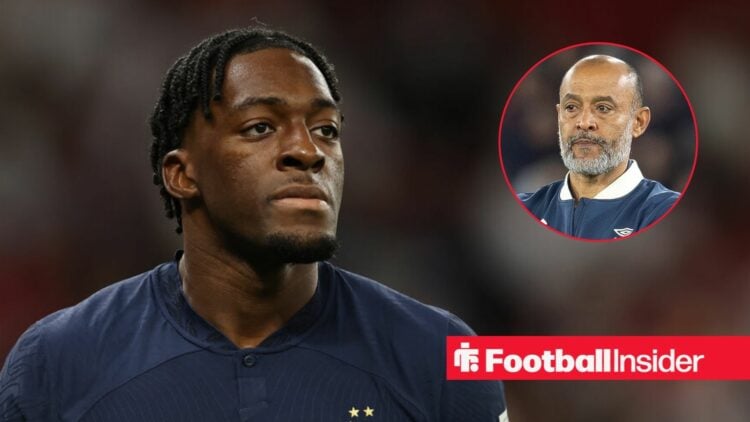 Axel Disasi in action for France, with Nuno Espirito Santo in a circular inset