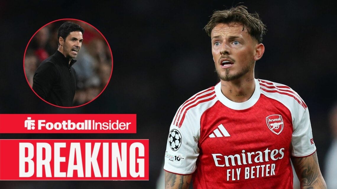 Ben White playing for Arsenal, Mikel Arteta in a circular inset