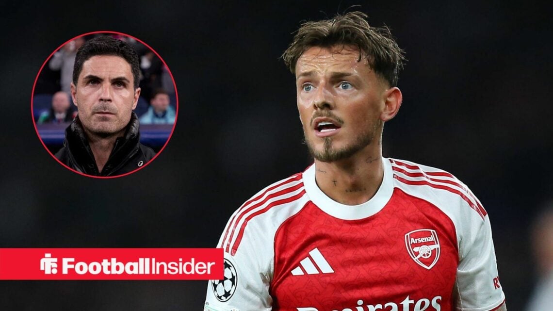 Ben White in action for Arsenal, with Mikel Arteta in a circular inset