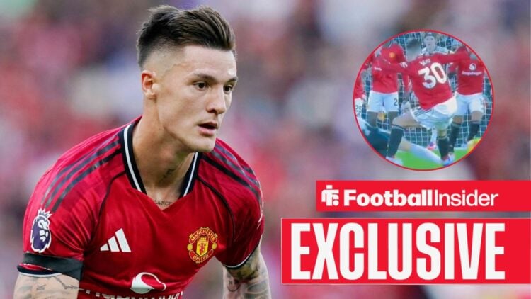 Benjamin Sesko playing for Man United, his challenge on Sandro Tonali in a circular inset