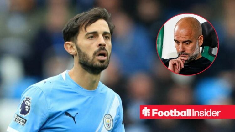 Bernardo Silva in action for Man City, with Pep Guardiola in a circular inset