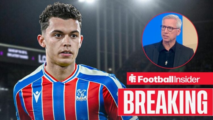 Brennan Johnson in a Crystal Palace shirt, Alan Pardew in a circular inset