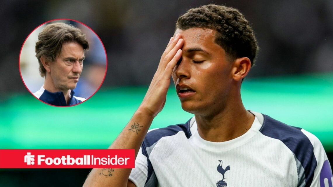 Brennan Johnson with his head in his hands at Tottenham, with Thomas Frank in a circular inset