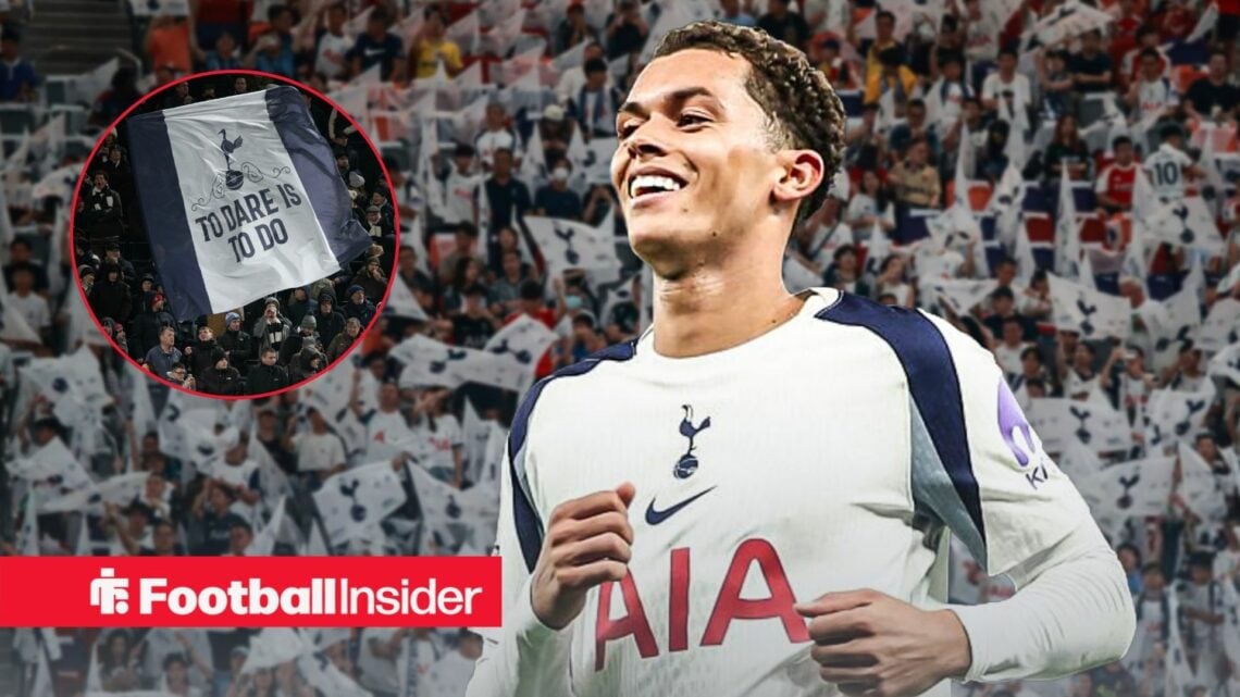Brennan Johnson smiles while in action for Tottenham, as the fans wave a giant flag in a circular inset.