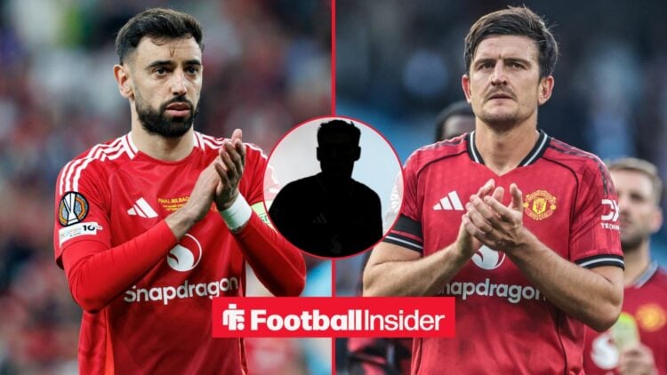 Bruno Fernandes and Harry Maguire side-by-side, Manuel Ugarte's silhouette in a circular inset