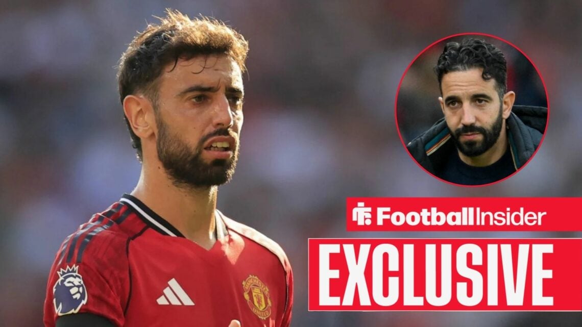 Bruno Fernandes in action for Man United, with Ruben Amorim in a circular inset