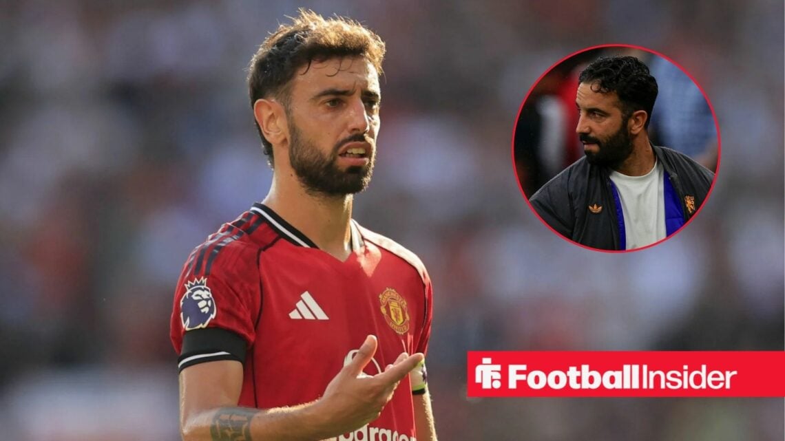 Bruno Fernandes in a Man United shirt with Ruben Amorim included in a circular inset