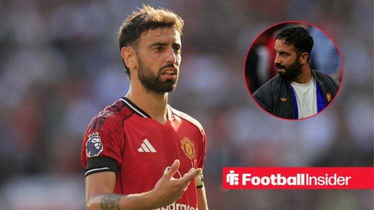 Bruno Fernandes in a Man United shirt with Ruben Amorim included in a circular inset