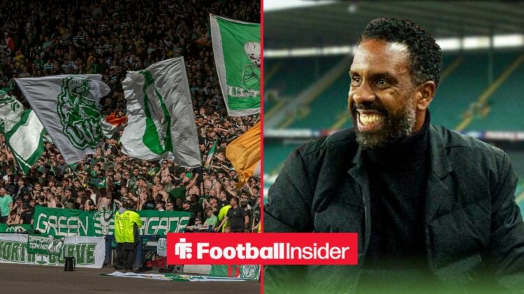 A split image as Celtic fans wave flags in the left half, while manager Wilfried Nancy smiles on the right.