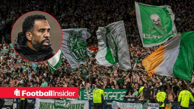 Celtic fans wave flags as manager Wilfried Nancy features in a circular inset.