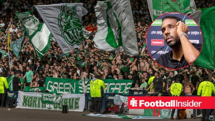 Celtic fans wave flags at a game, as manager Wilfried Nancy scratches his head in a circular inset.