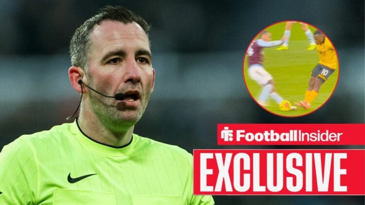 Referee Chris Kavanagh, Jhon Arias' challenge on Boubacar Kamara in a circular inset