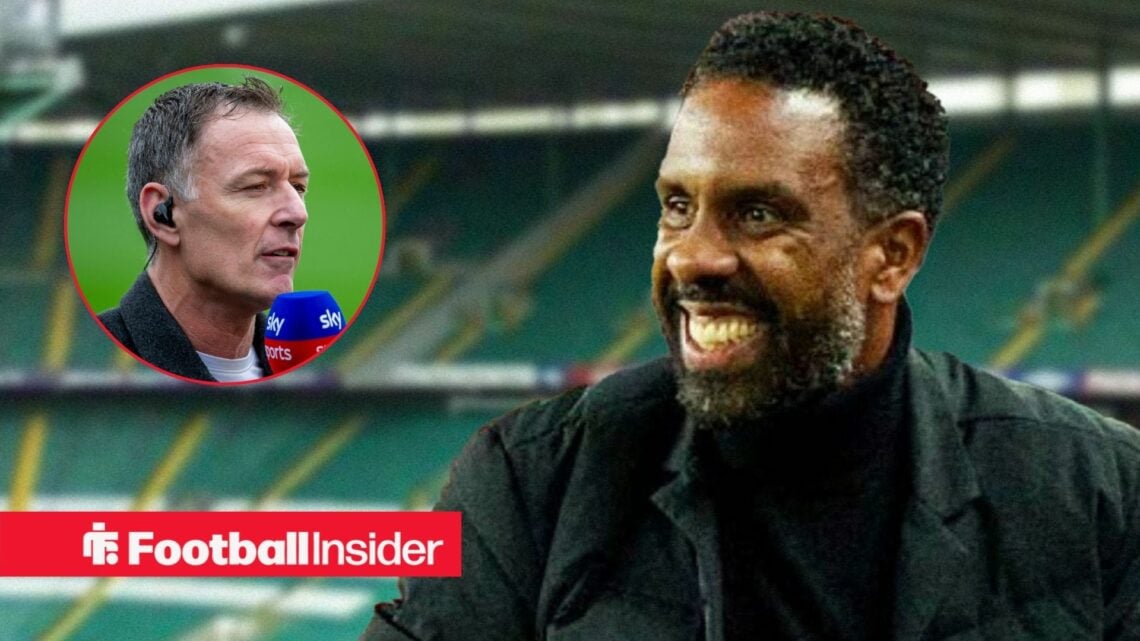 Chris Sutton speaking on Sky Sports on the left with Wilfried Nancy smiling on the right for Celtic