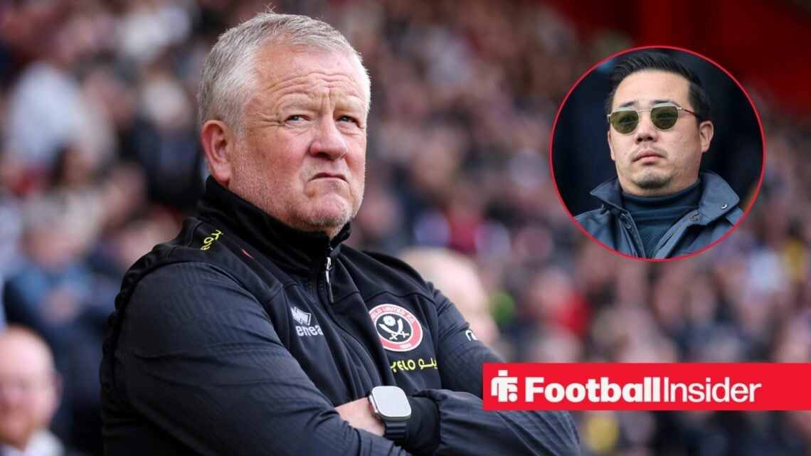 Sheffield United manager Chris Wilder stands with his arms folded as Leicester City owner Aiyawatt Srivaddhanaprabha watches from a circular inset.