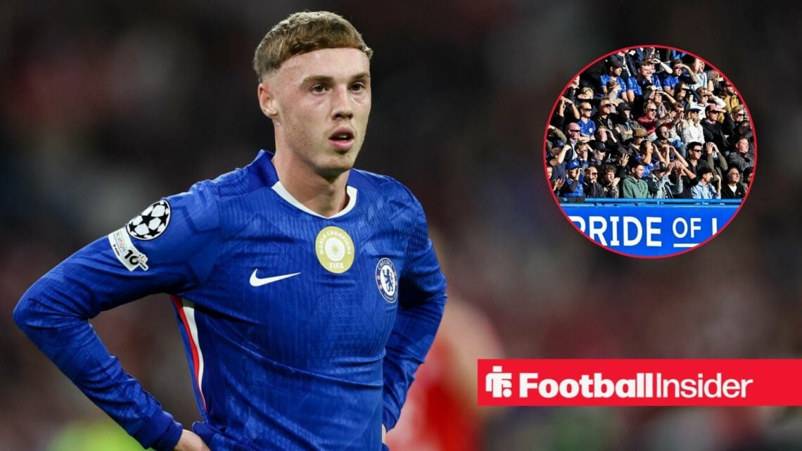 Cole Palmer stands with his hands on his hips during a game, as Chelsea fans watch on from a circular inset.