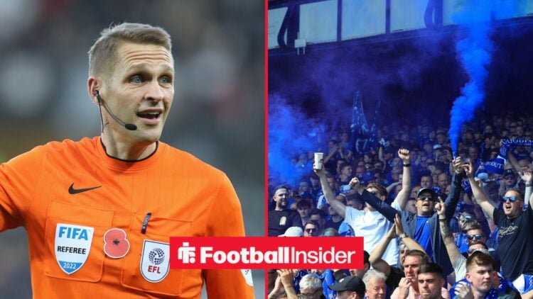 A split image as referee Craig Pawson is in action during a game in the left half, while Everton fans hold flares on the right.