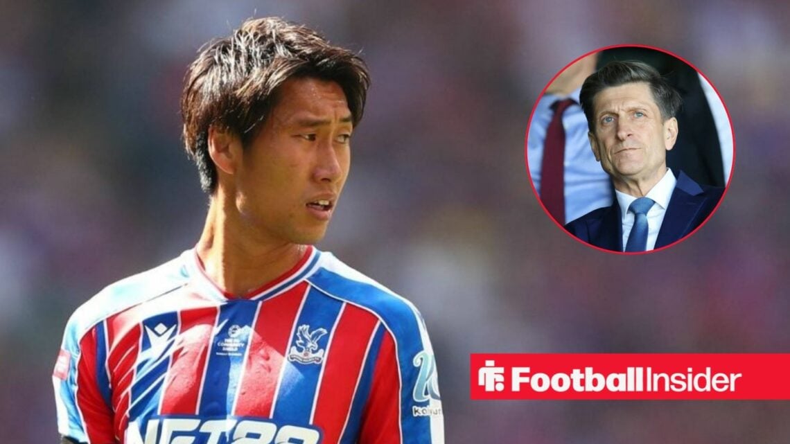 Daichi Kamada in action for Crystal Palace, with Steve Parish in a circular inset