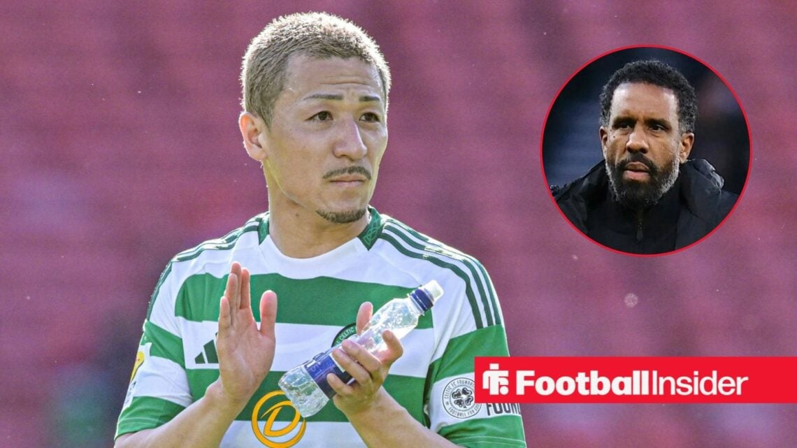 Daizen Maeda applauds after a game for Celtic, as manager Wilfried Nancy looks concerned in a circular inset.