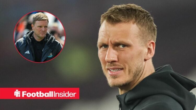 Dan Burn grimacing, Eddie Howe in a circular inset