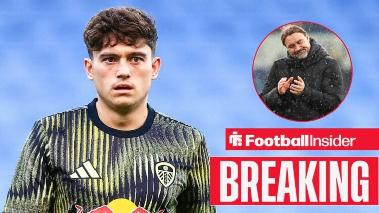 Dan James in a Leeds United kit, Daniel Farke in a circular inset