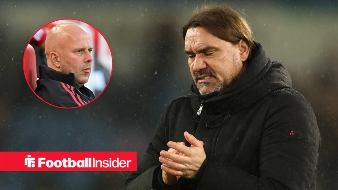 Daniel Farke grimacing, Arne Slot in a circular inset