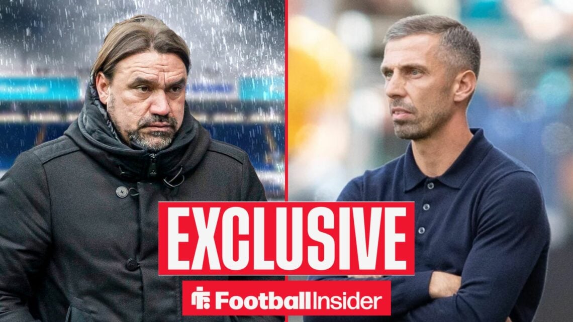Football Insider exclusive as Leeds United manager Daniel Farke stands in the rain, while Gary O'Neil watches on with his arms folded.