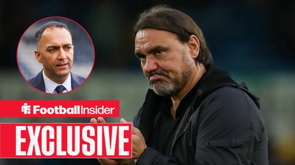 Leeds United manager Daniel Farke sheepishly applauds towards a circular inset, where chairman Paraag Marathe watches on.