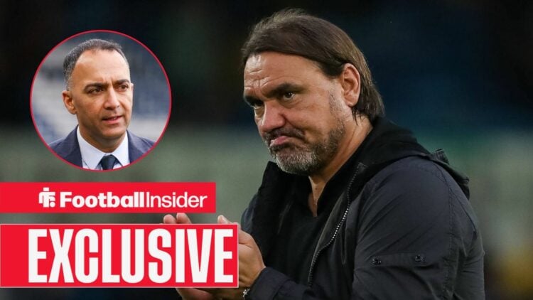 Leeds United manager Daniel Farke sheepishly applauds towards a circular inset, where chairman Paraag Marathe watches on.