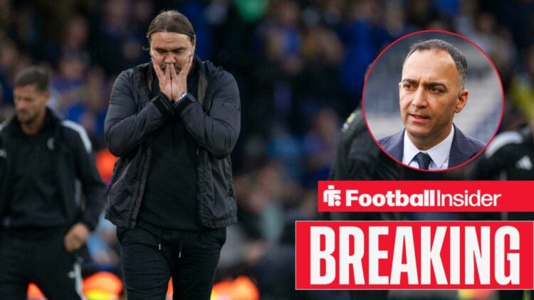 Breaking News as Leeds United manager Daniel Farke has his head in his hands as chairman Paraag Marathe watches from a circular inset.