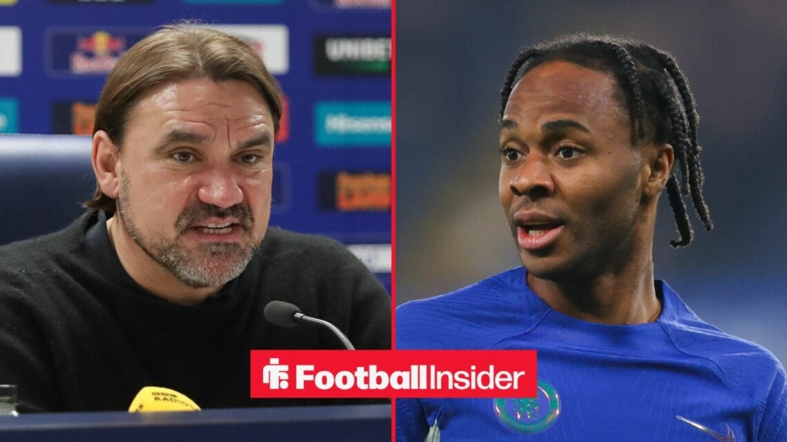 Daniel Farke in a press conference at Leeds United, with Raheem Sterling in action for Chelsea
